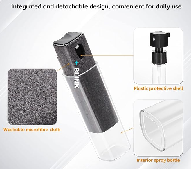 Slim navulbaar ontwerp van Blink Spray met microvezeldoekje